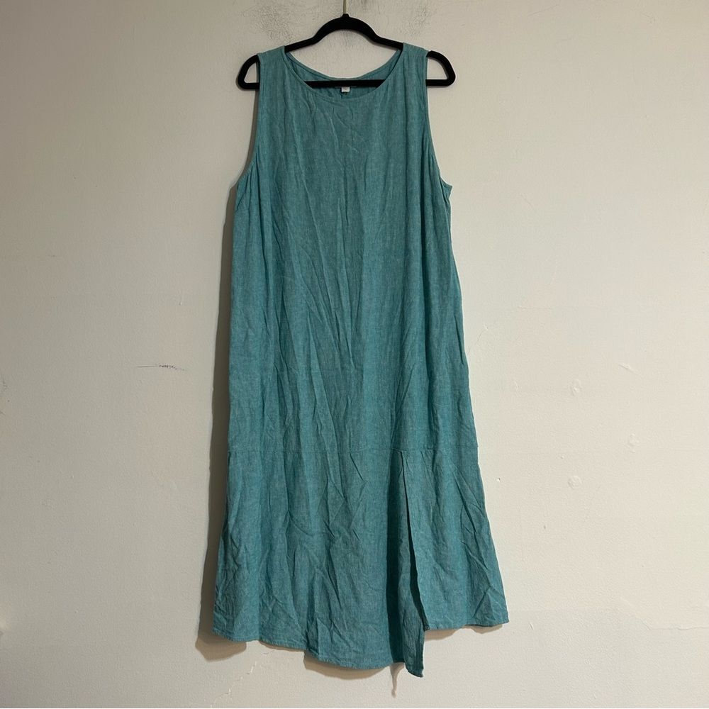 J. Jill Linen Viscose Blue Sleeveless Slit Midi Dress XL Petite Coastal Beach